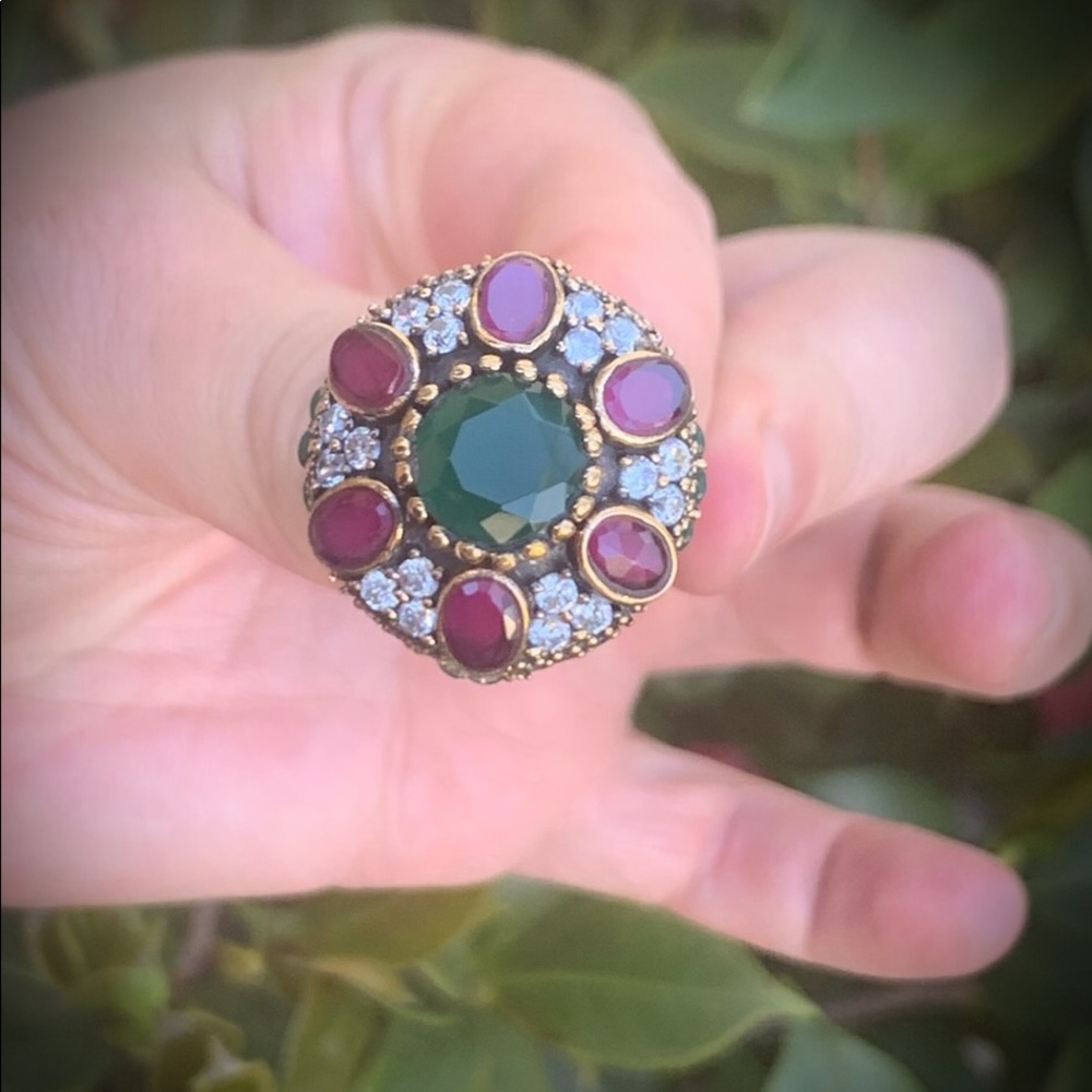 ORIG VINTAGE Emerald Ruby RING Sz 8 Solid 925
